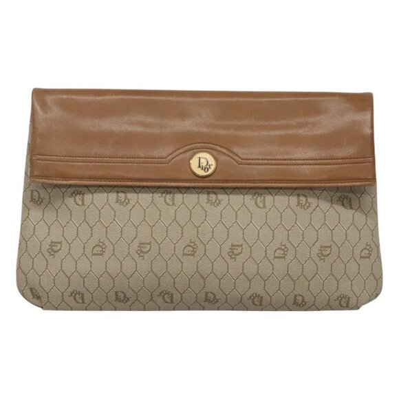 Christian Dior Honeycomb Canvas Clutch Bag PVC Leather Beige Gold Auth - Picture 1 of 16